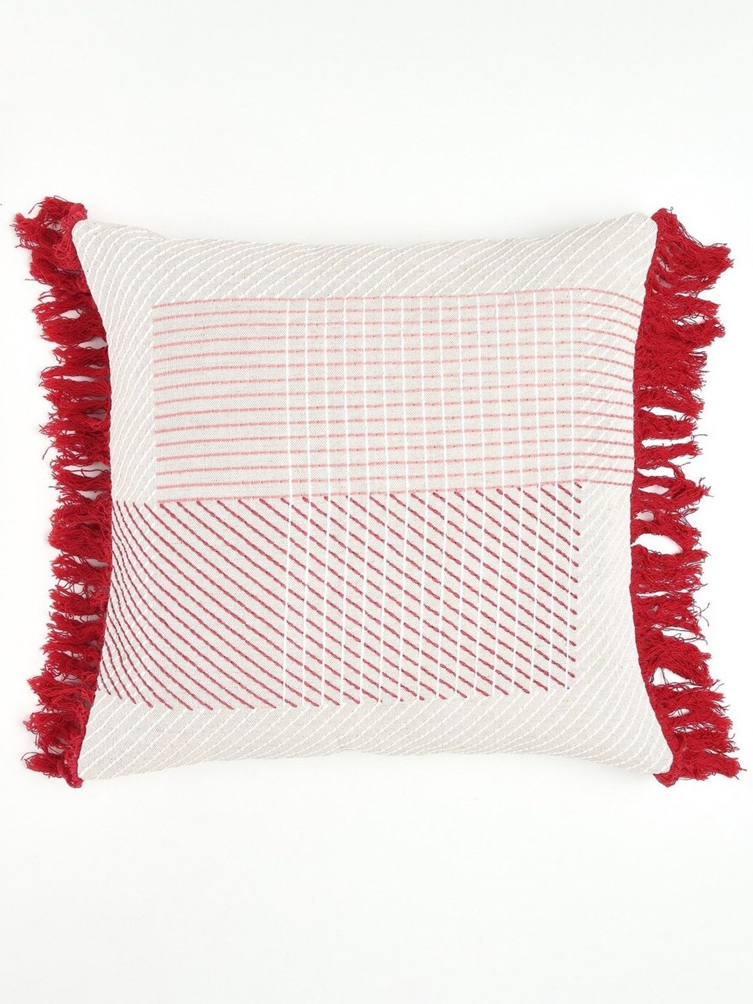 

HOUMN Off White & Maroon Embroidered Cotton Square Cushion Cover