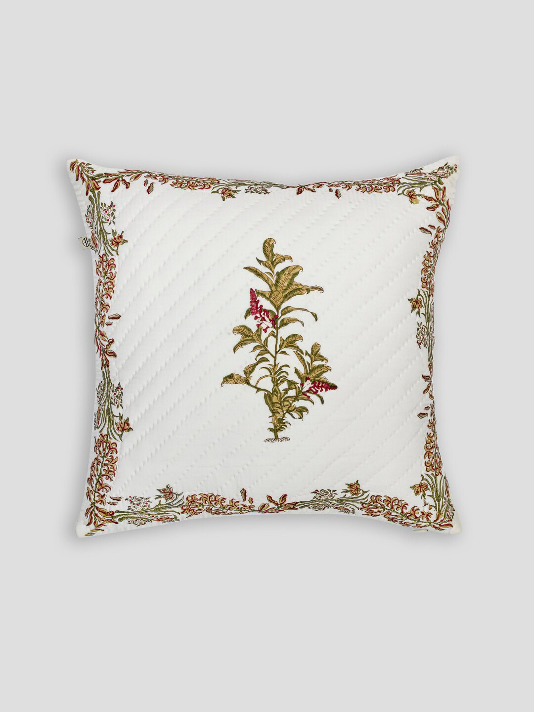 

HOUMN White & Olive Green Floral Printed Cotton Square Cushion Cover
