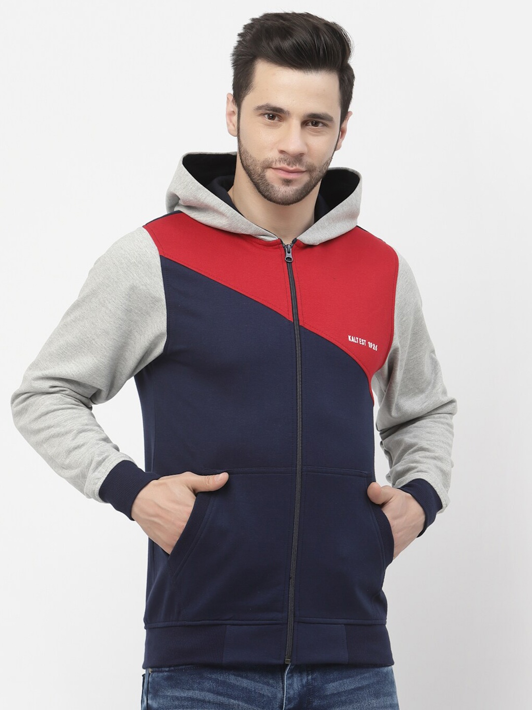 

Kalt Hooded Colourblocked Front-Open Fleece Sweatshirt, Blue