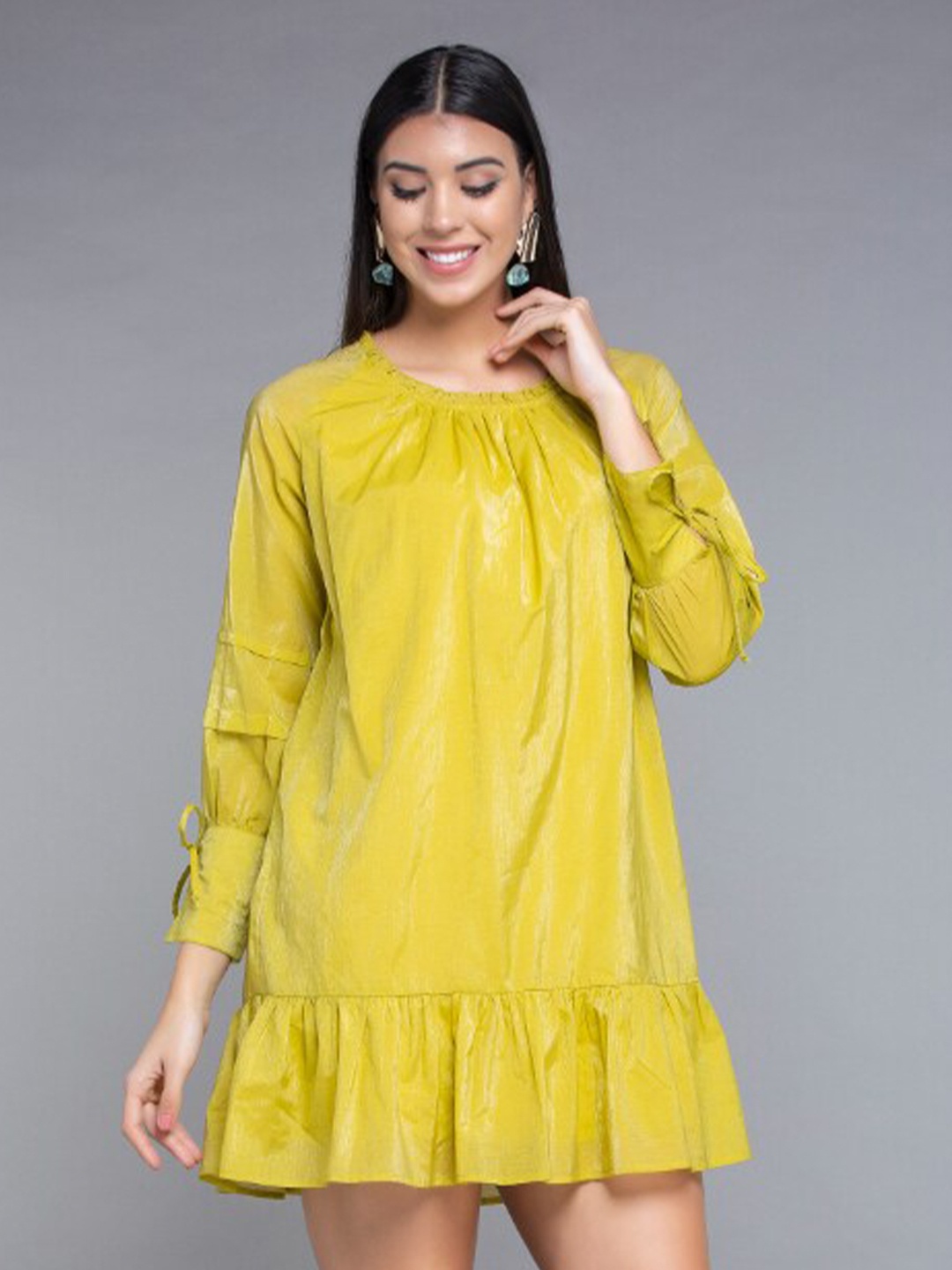 

MKOAL Cotton Puff Sleeves A-Line Dress, Lime green