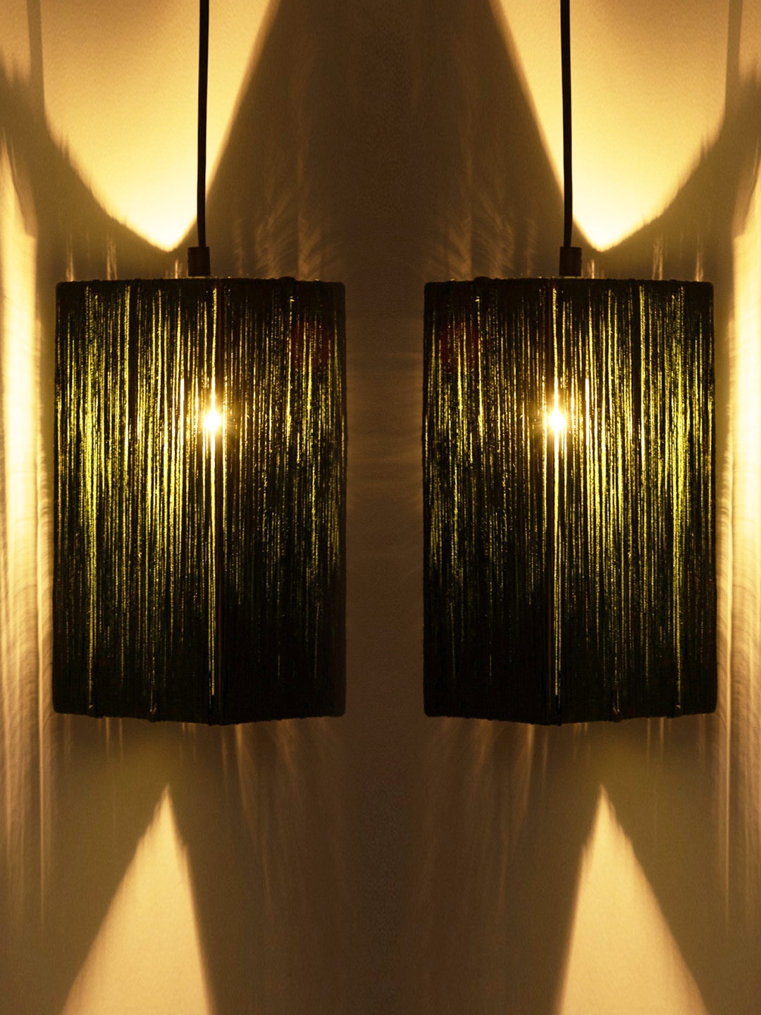

ExclusiveLane Green 2-Pcs Textured Jute Cuboidal Hanging Pendant Ceiling Lamps