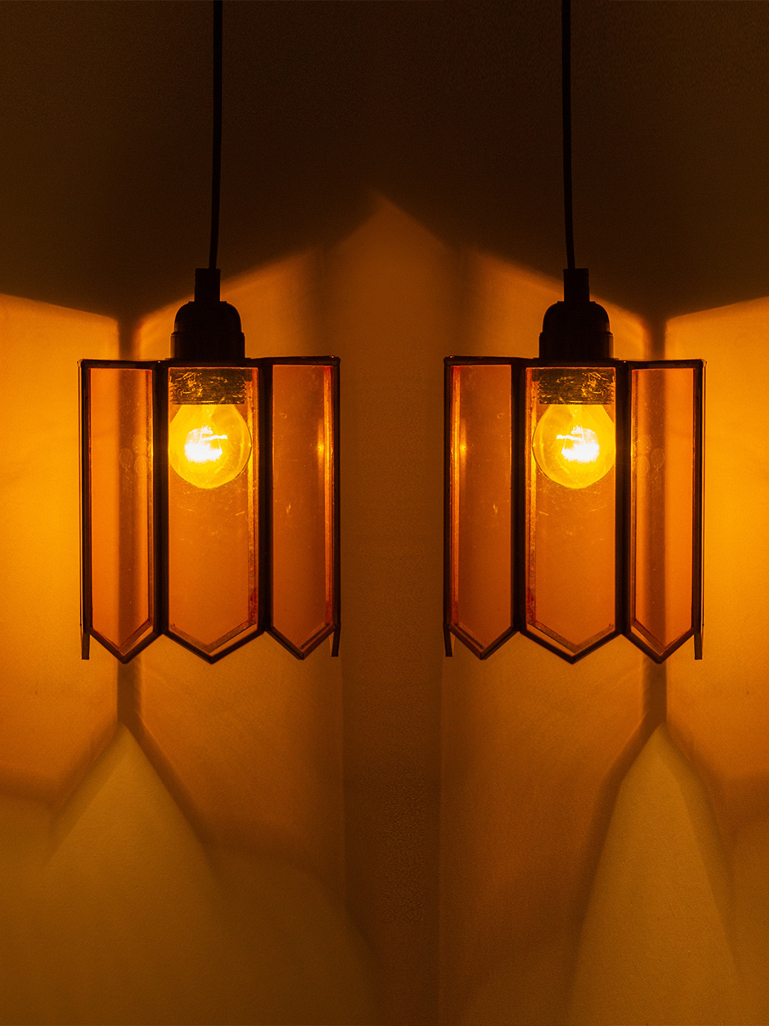 

ExclusiveLane Moroccan Paradise Yellow 2Pcs Cylindrical Shaped Glass Hanging Pendant Lamps