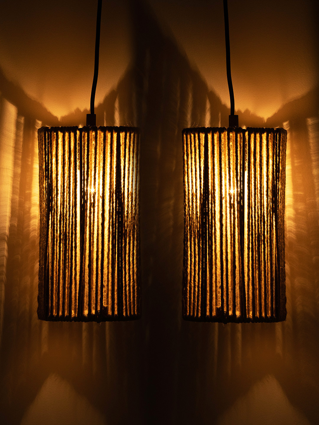 

ExclusiveLane Beige 2 Pcs Textured Jute & Iron Cylindrical Hanging Pendant Lamps