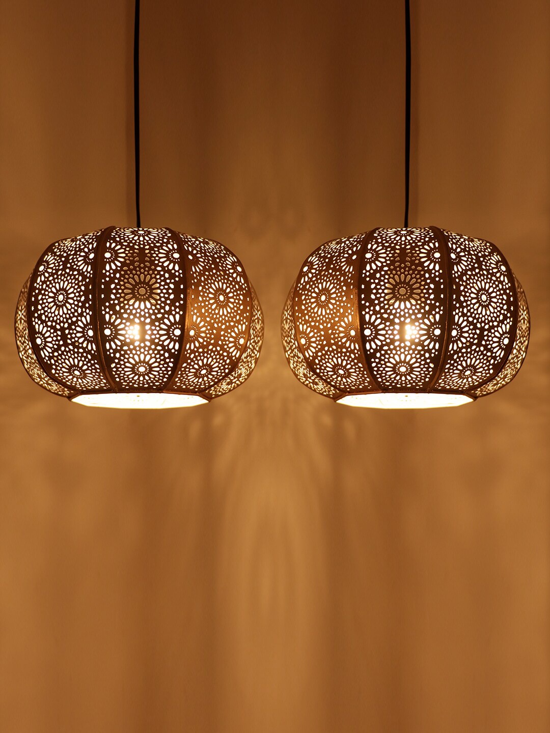 

ExclusiveLane Moroccan Gold-Toned 2Pcs Grandeur Textured Hanging Pendant Ceiling Lamps