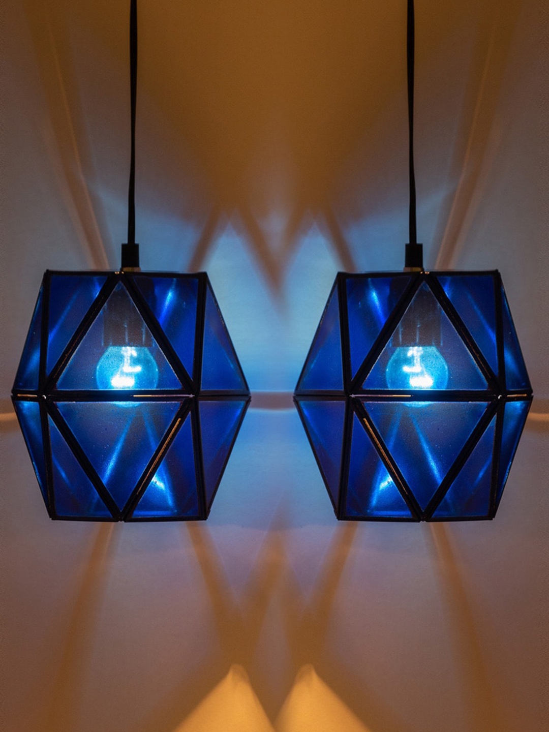 

ExclusiveLane Glass Flares Blue 2 Pcs Glass Flares Hexagonal Hanging Pendant Ceiling Lamps