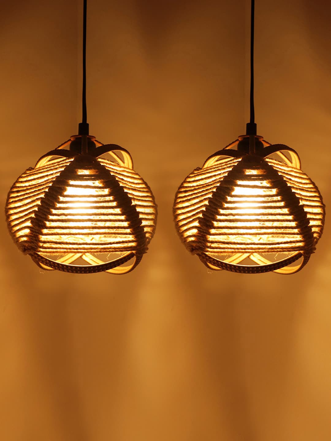 

ExclusiveLane Beige 2-Pcs Self Design Jute & Metal Goblet Hanging Pendant Lamps