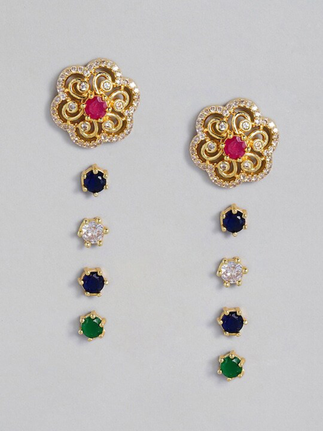 

justpeachy Set Of 5 Gold-Plated American Diamond Contemporary Studs Earrings
