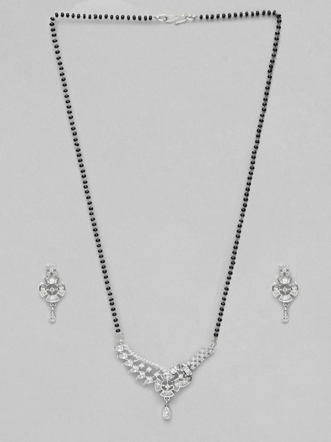 

justpeachy Rhodium-Plated Stone-Studded & Beaded Mangalsutra With Earrings, Silver