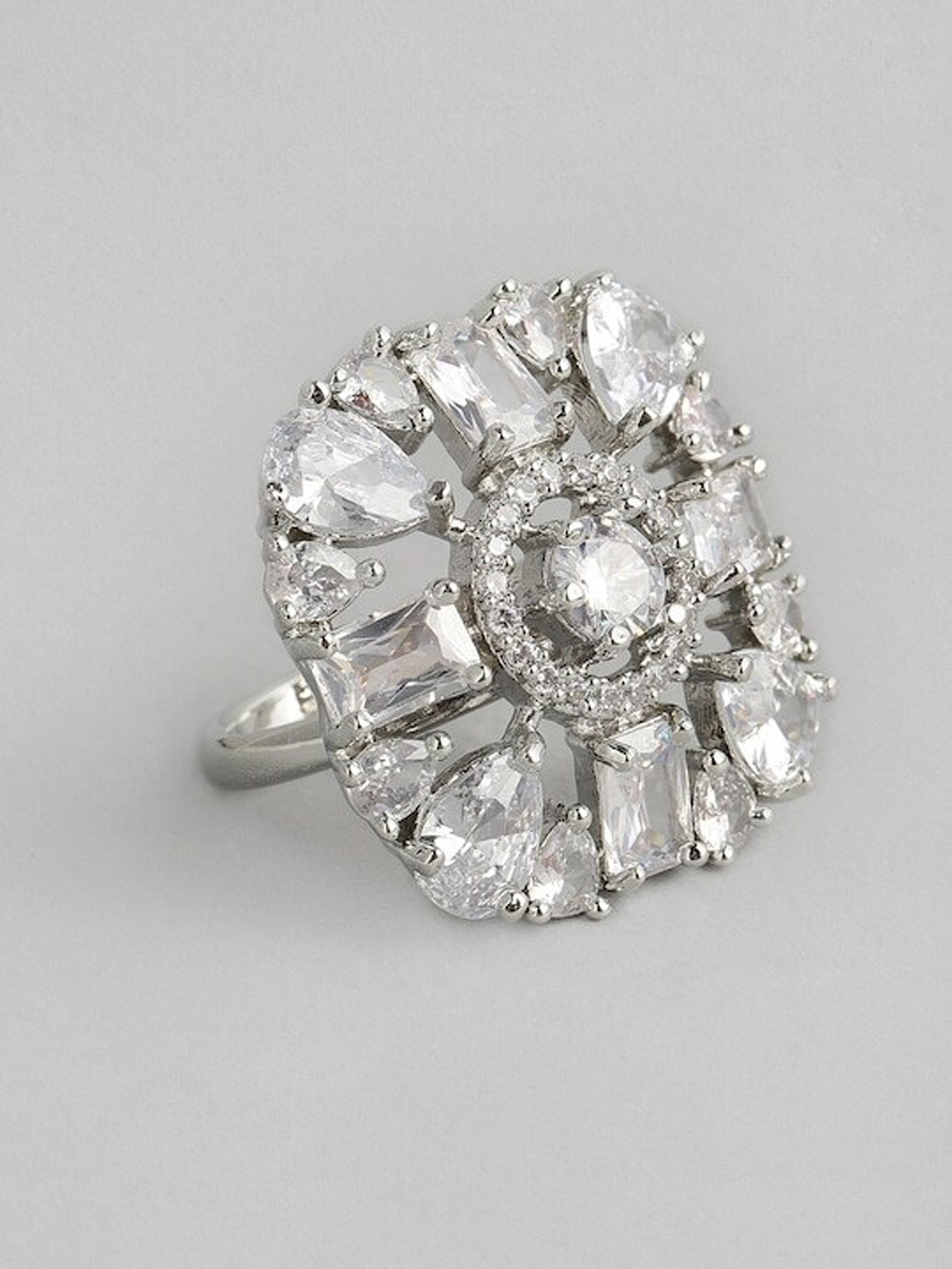 

justpeachy Rhodium-Plated AD-Studded Adjustable Finger Ring, Silver