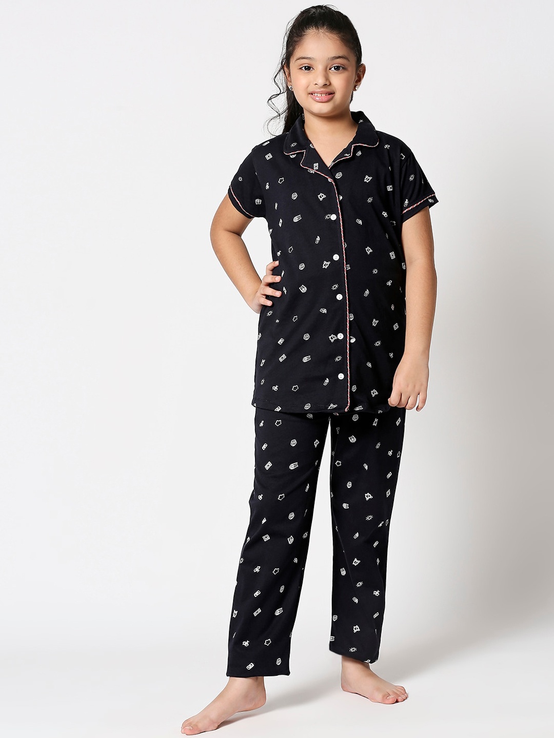 

Zeyo Girls Conversational Printed Pure Cotton Night Suit, Navy blue