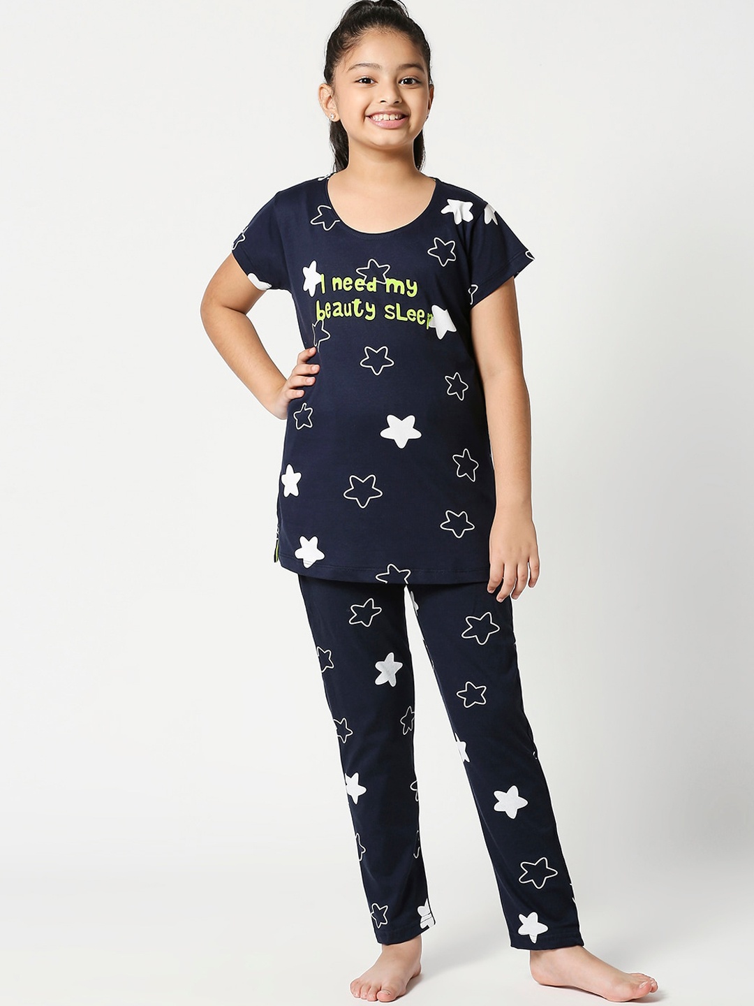 

Zeyo Girls Conversational Printed Pure Cotton Night Suit, Navy blue