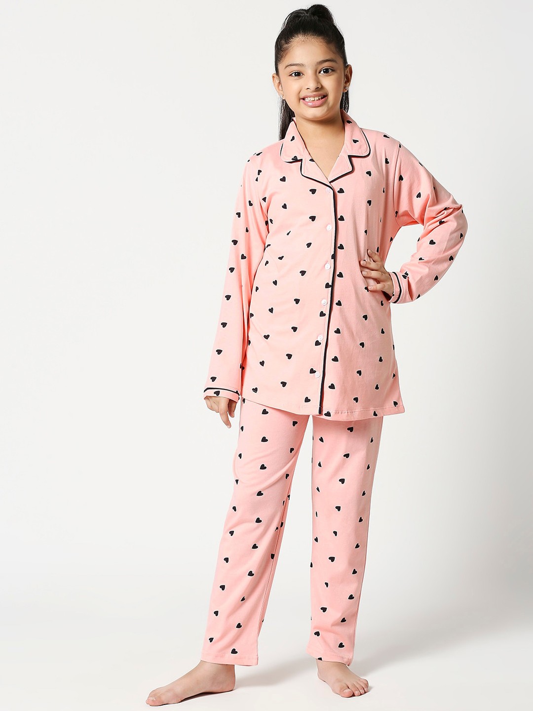 

Zeyo Girls Conversational Printed Pure Cotton Night Suit, Peach