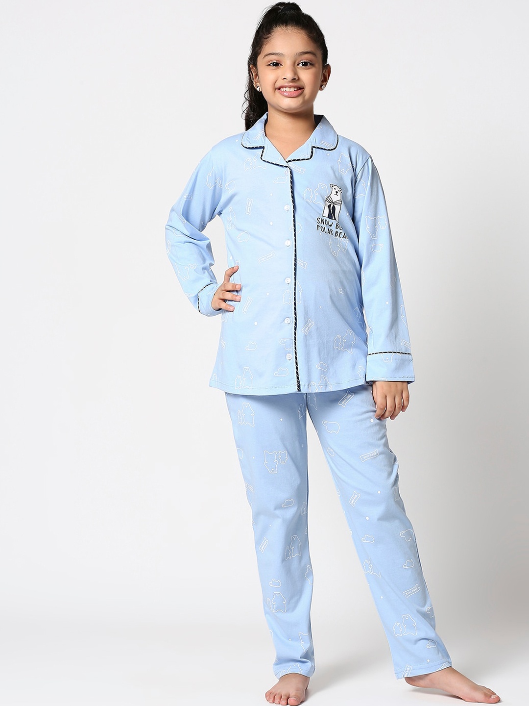 

Zeyo Girls Conversational Printed Pure Cotton Night Suit, Blue