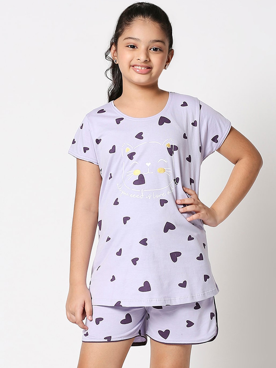 

Zeyo Girls Conversational Printed Pure Cotton Night Suit, Purple