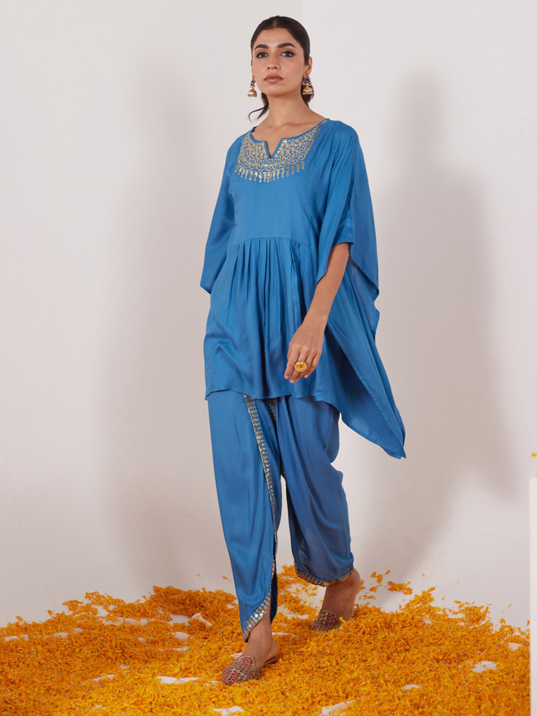 

HERE&NOW Floral Embroidered Sequined Kaftan Kurti with Dhoti Pants, Blue