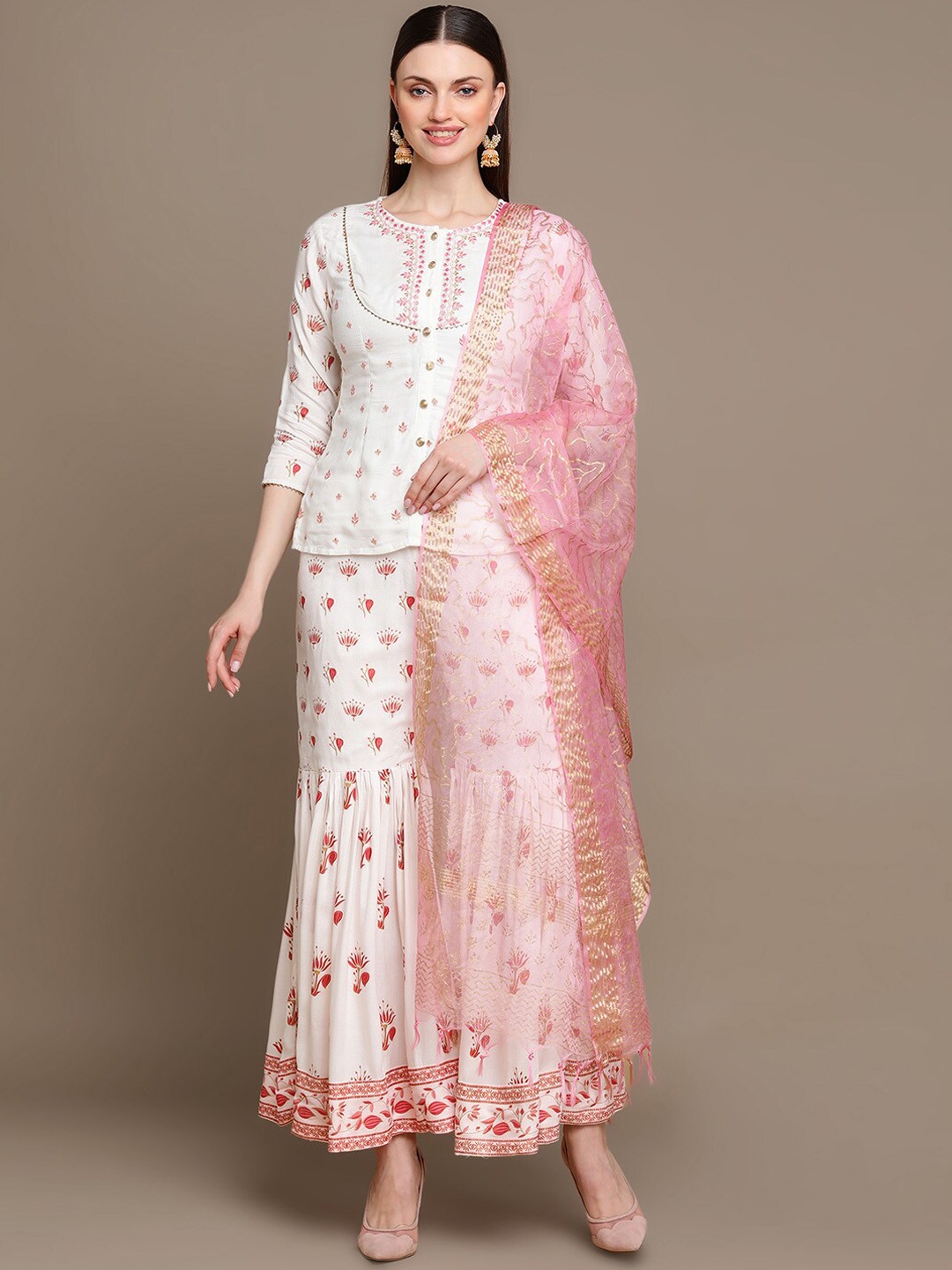 

HERE&NOW Floral Embroidered Top with Sharara & Dupatta, Off white