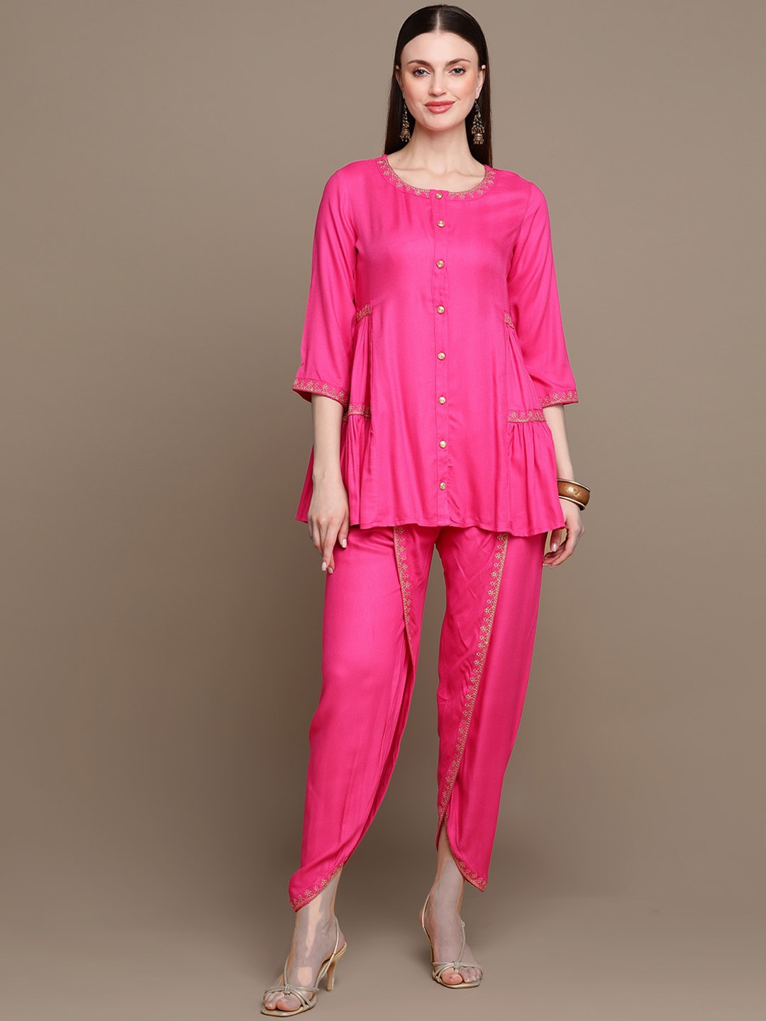 

HERE&NOW Ethnic Motifs Zari Embroidered Kurti with Dhoti Pants, Pink