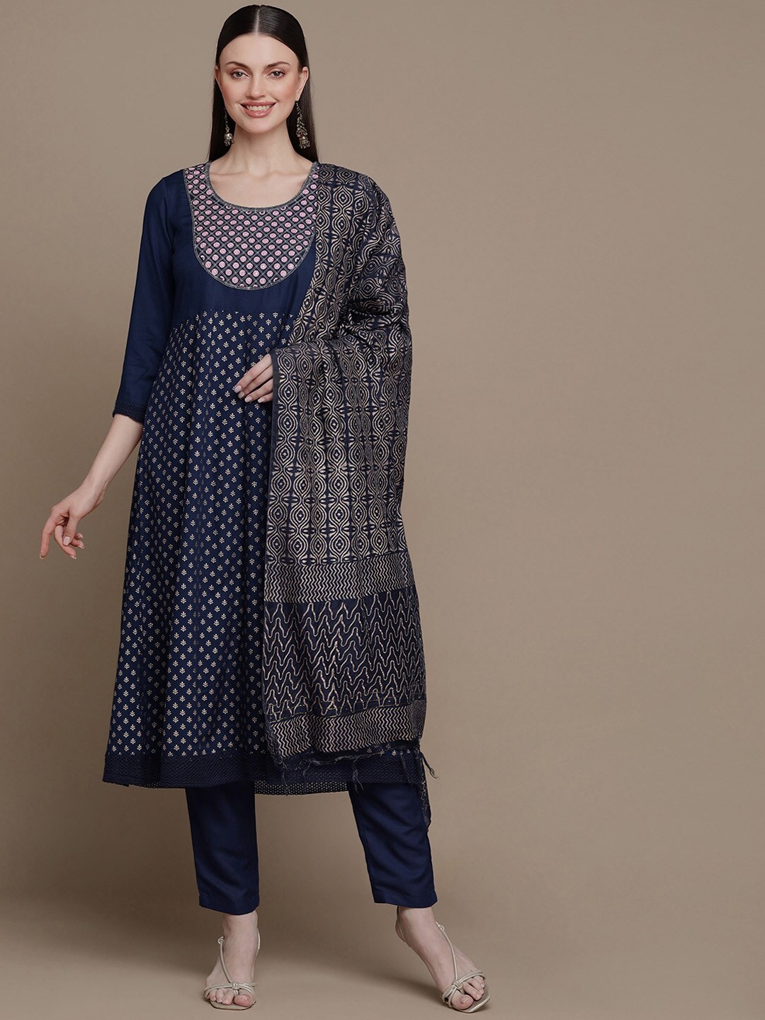 

HERE&NOW Ethnic Motifs Printed Mirror Work Anarkali Kurta with Trousers & Dupatta, Navy blue