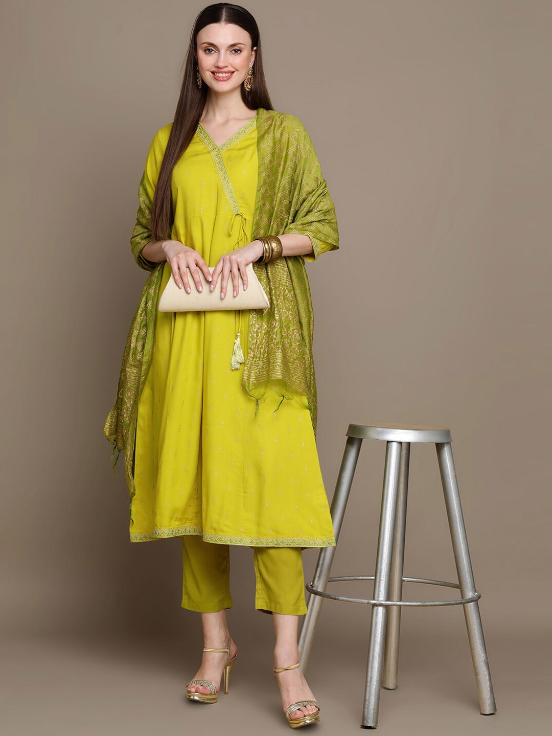 

HERE&NOW Ethnic Motifs Printed Thread Work Angrakha Kurta with Palazzos & Dupatta, Green