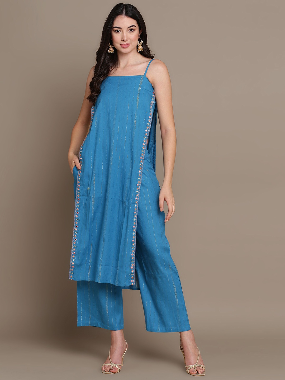 

HERE&NOW Striped Mirror Work High Slit Kurta with Palazzos, Turquoise blue