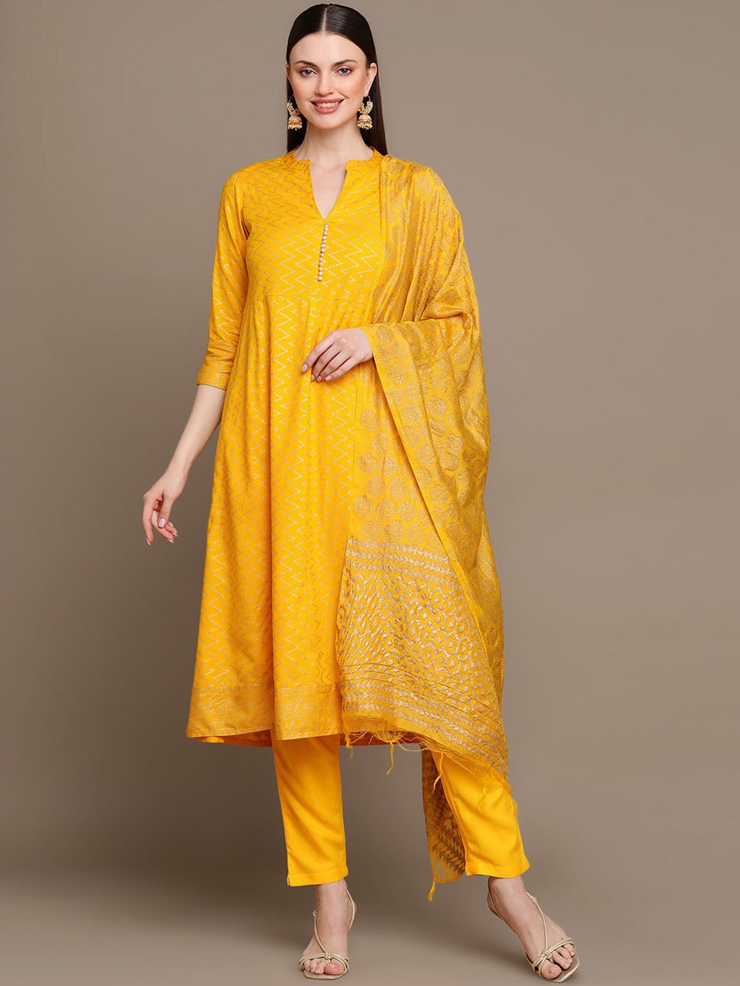 

HERE&NOW Chevron Printed Anarkali Kurta with Trousers & Dupatta, Mustard