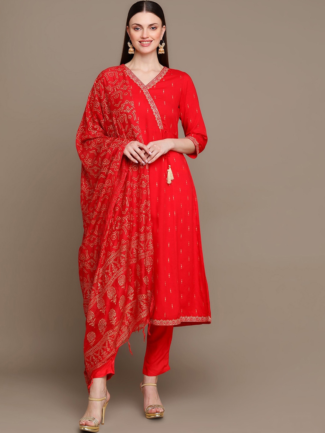 

HERE&NOW Ethnic Motifs Printed Thread Work Angrakha Kurta with Palazzos & Dupatta, Red