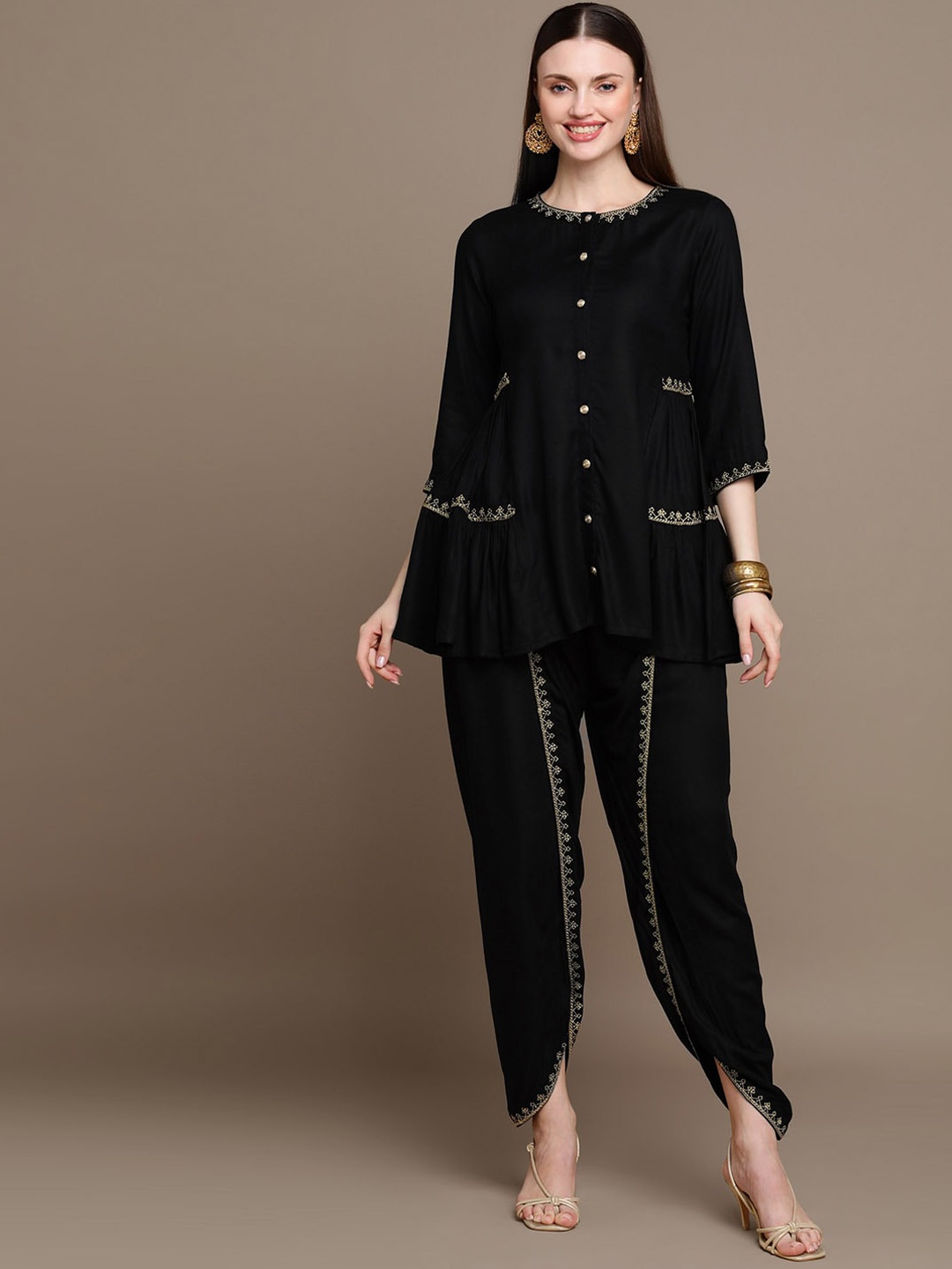 

HERE&NOW Ethnic Motifs Embroidered Zari A-Line Kurti with Dhoti Pants, Black