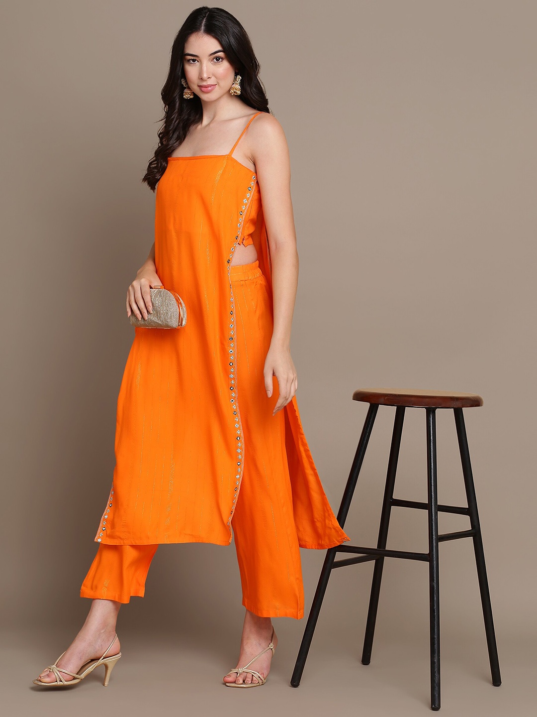 

HERE&NOW Striped Mirror Work High Slit Kurta with Palazzos, Orange