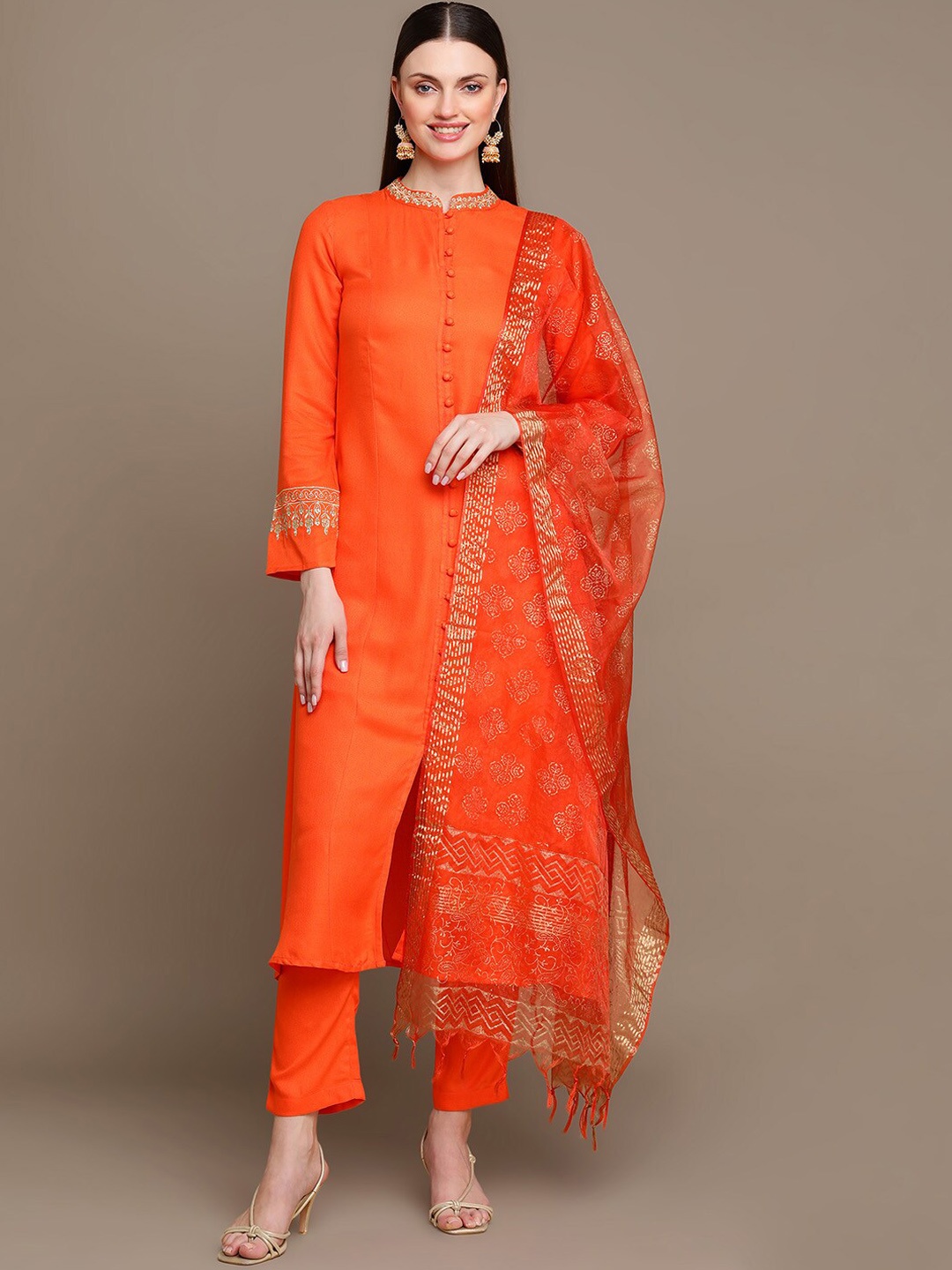 

HERE&NOW Zari Detail Mandarin Collar Kurta with Trousers & Dupatta, Orange