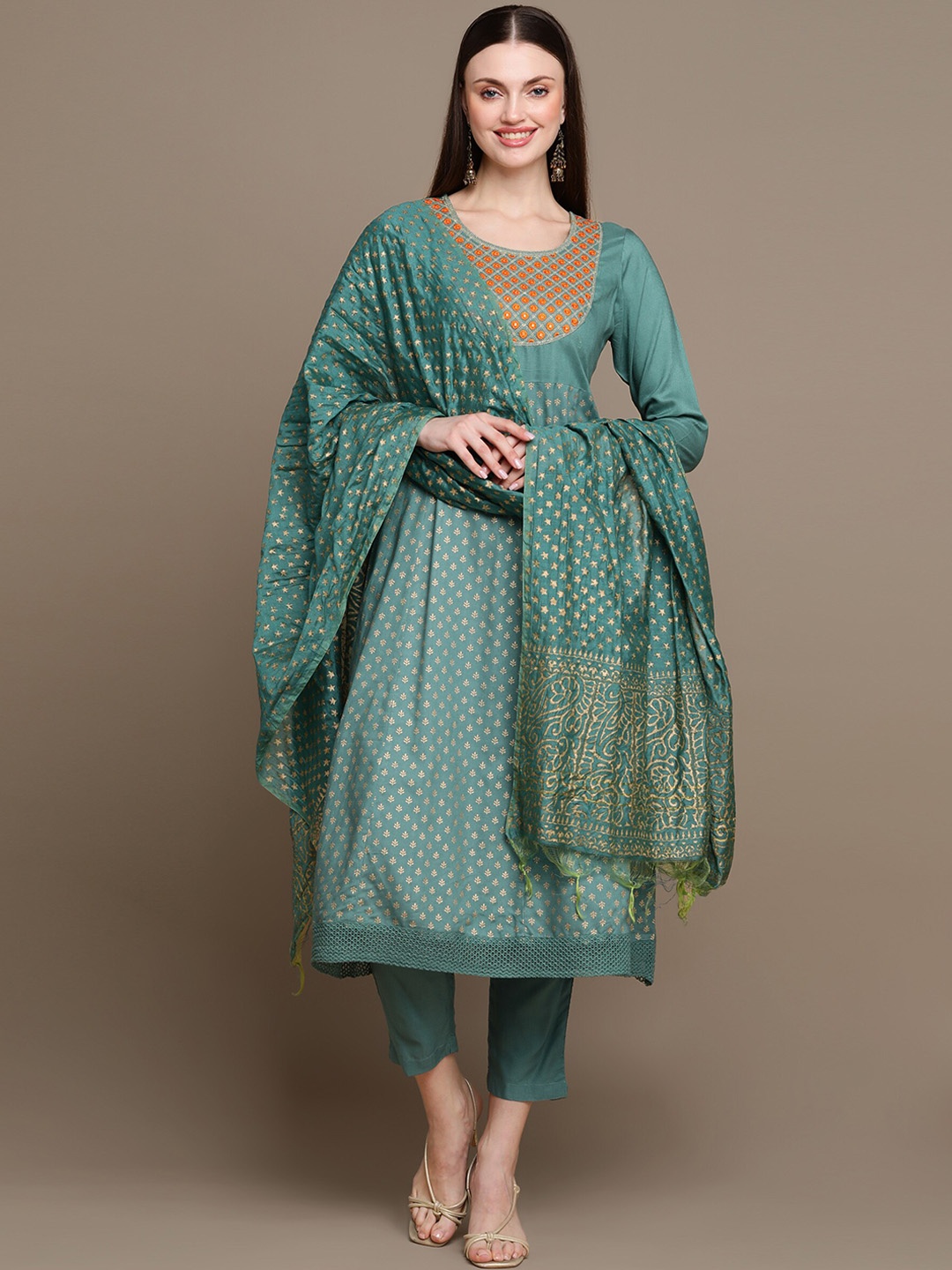 

HERE&NOW Ethnic Motifs Embroidered Kurta with Trousers & Dupatta, Sea green