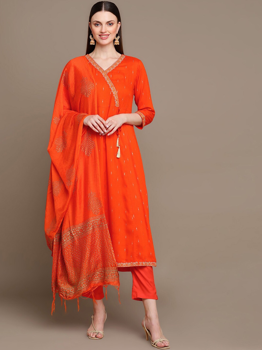 

HERE&NOW Ethnic Motifs Printed Thread Work Angrakha Kurta with Palazzos & Dupatta, Orange
