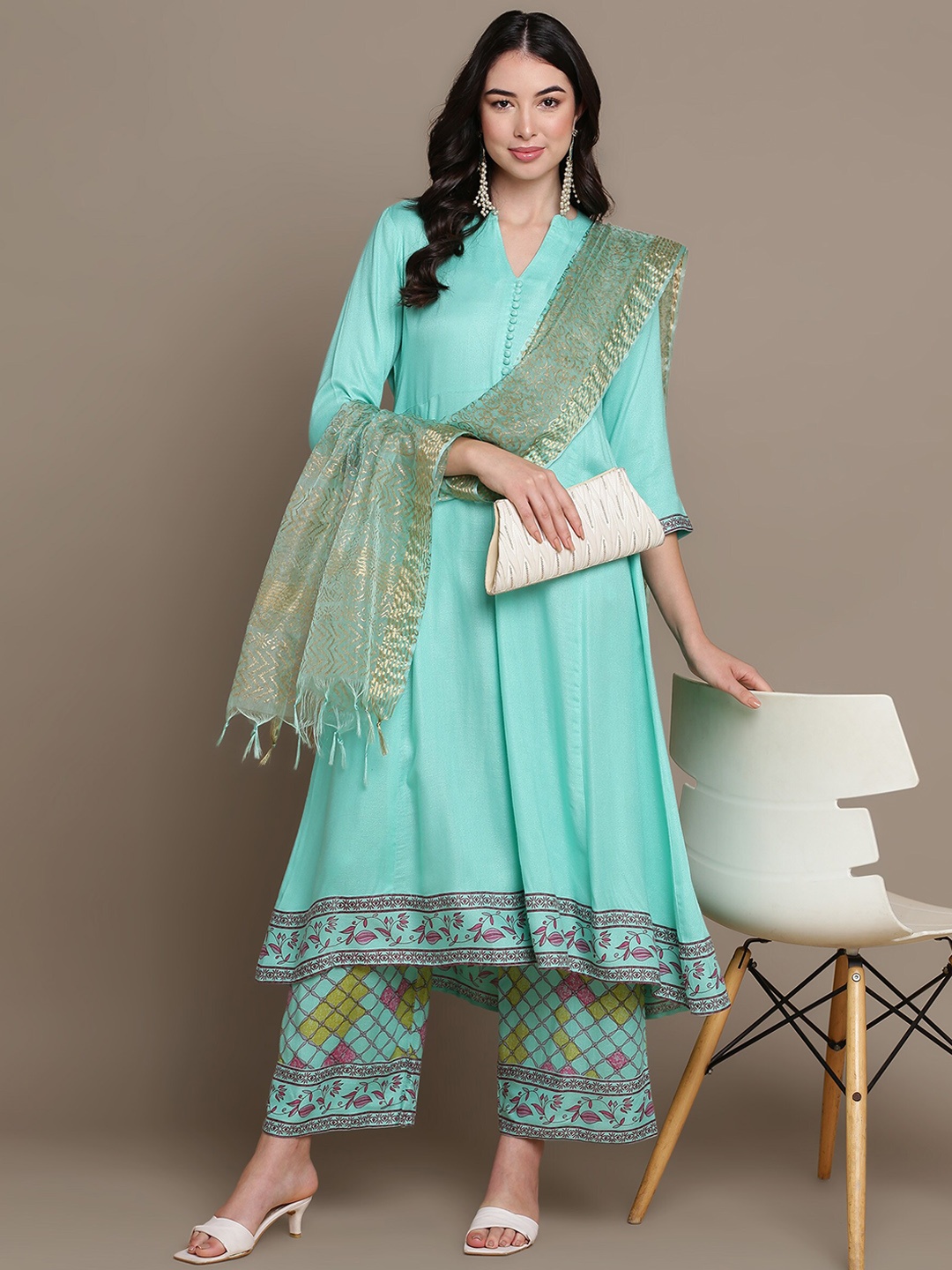 

HERE&NOW Ethnic Motifs Printed Anarkali Kurta with Palazzos & Dupatta, Sea green