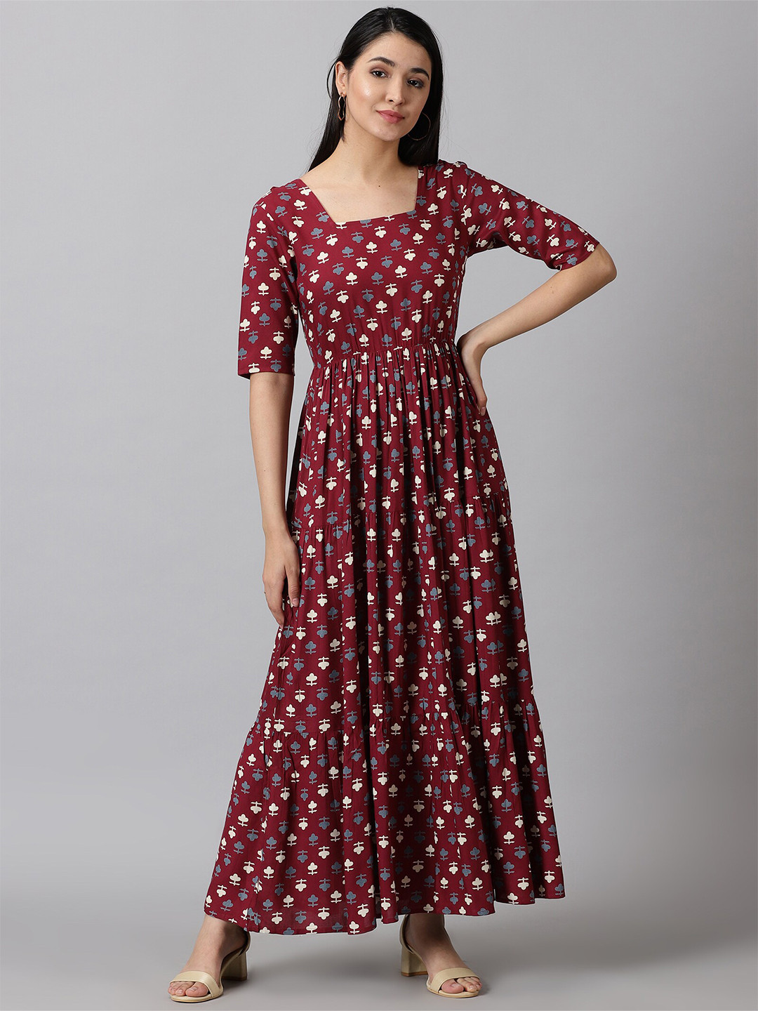 

PURSHOTTAM WALA Floral Printed Tiered Fit & Flare Maxi Dress, Maroon