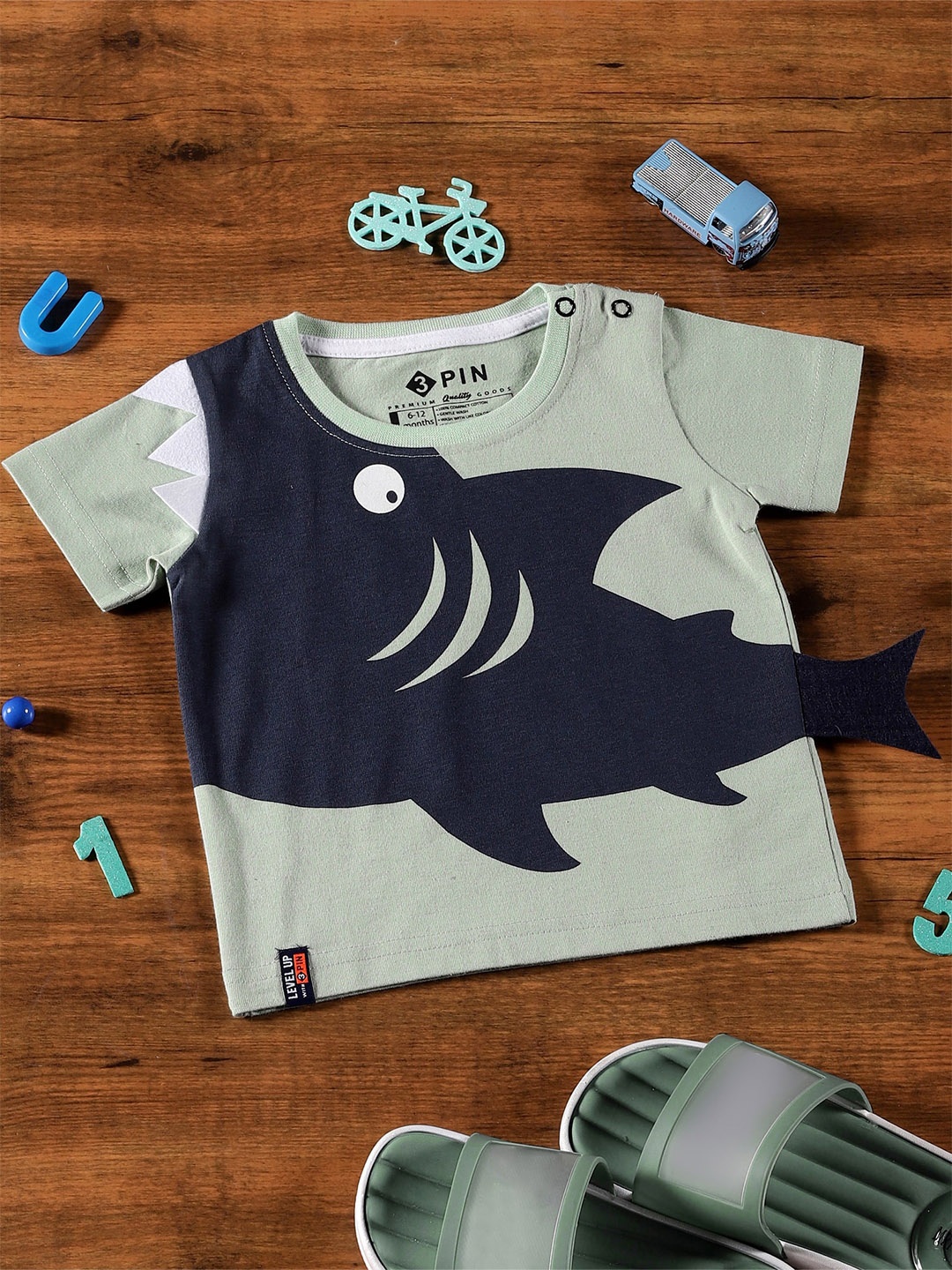 

3PIN Infant Boys Graphic Printed Applique Cotton T-shirt, Green