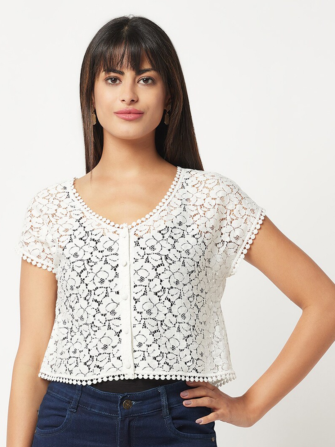 

Espresso Front Button Lace Crop Shrug, Off white