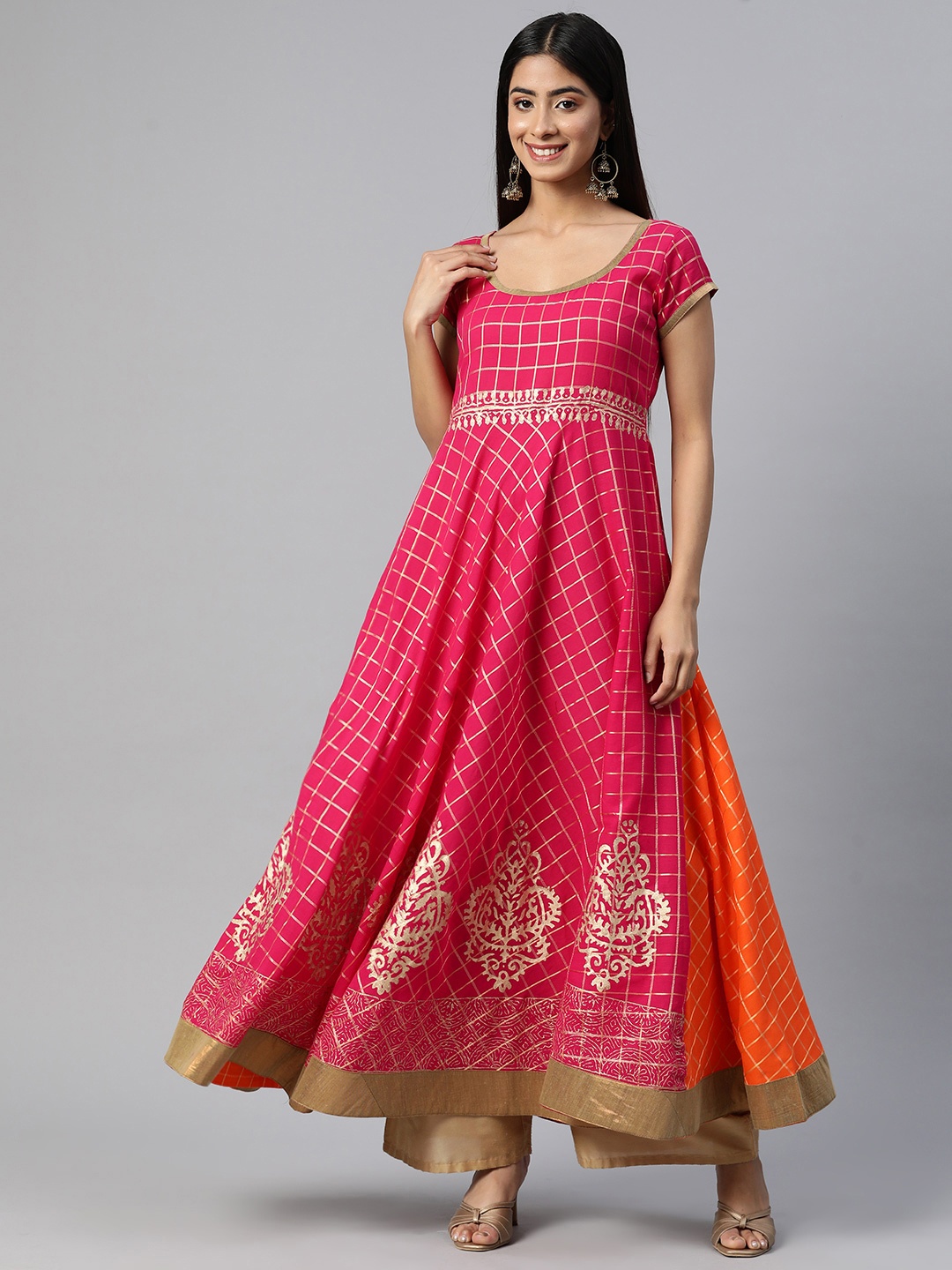 

MBE Checked Anarkali Kurta, Pink