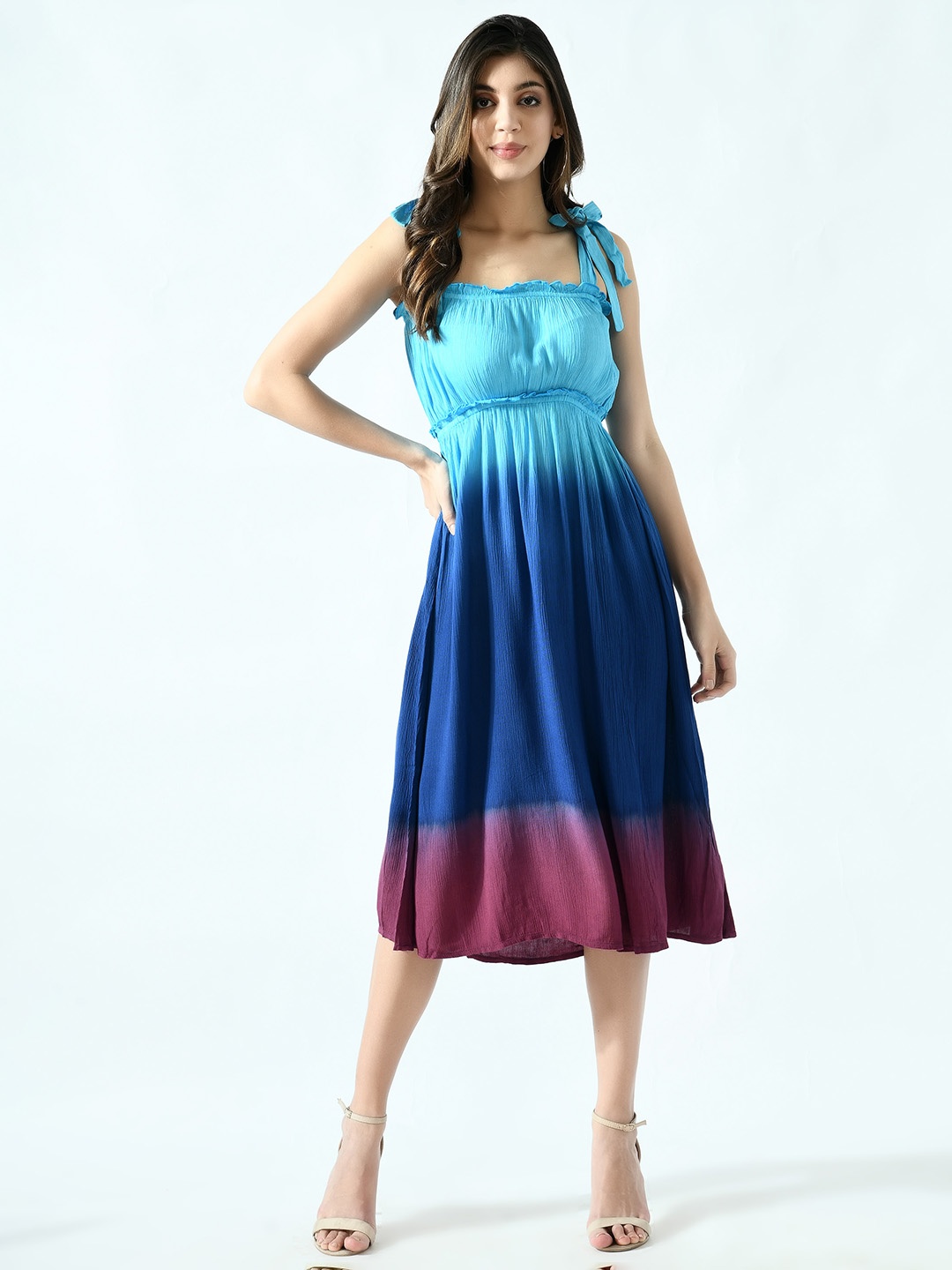 

MKOAL Teal Tie and Dye Print Crepe Fit & Flare Midi Dress