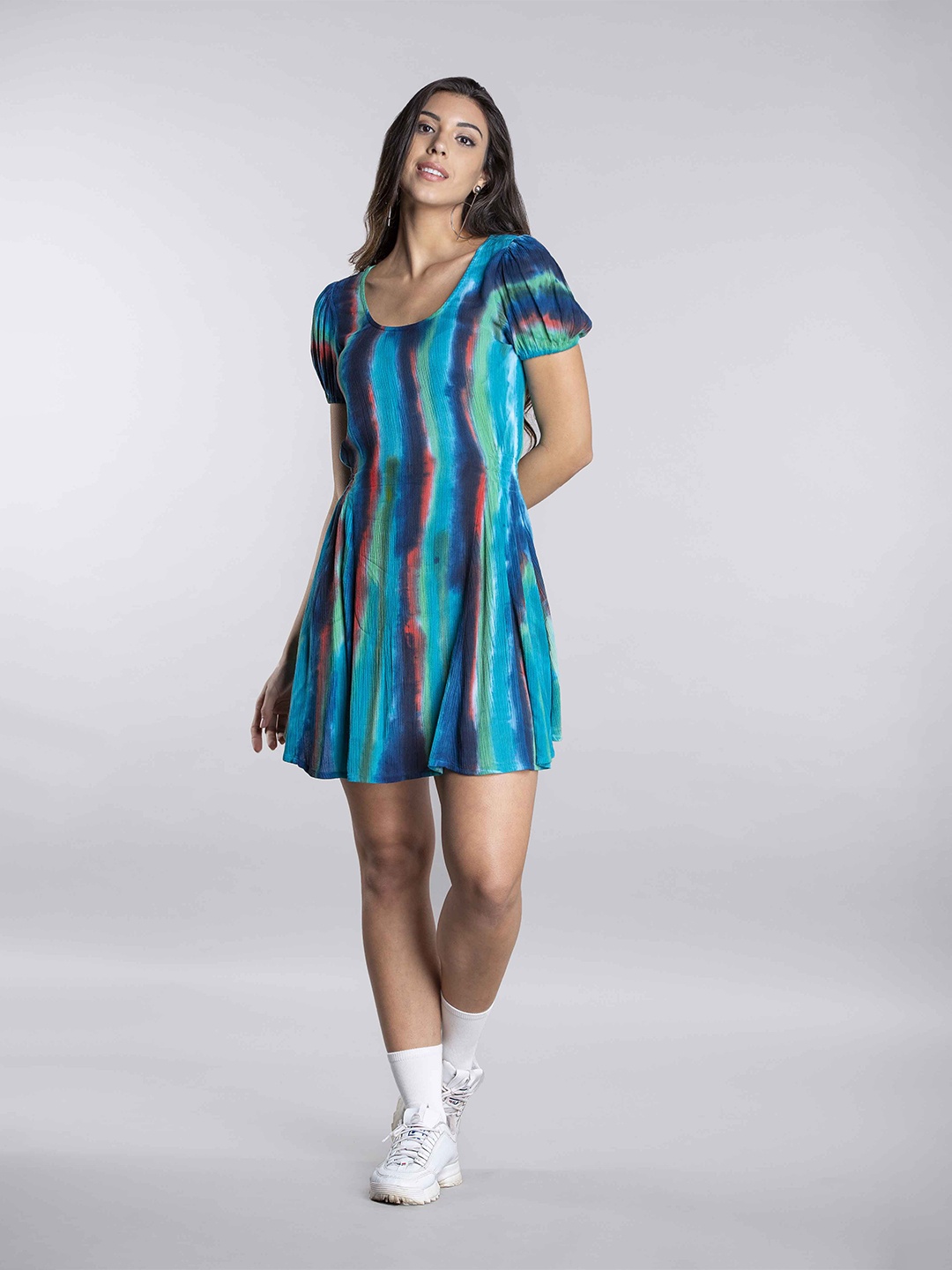 

MKOAL Round Neck Tie & Dye Crepe A-Line Mini Dress, Teal