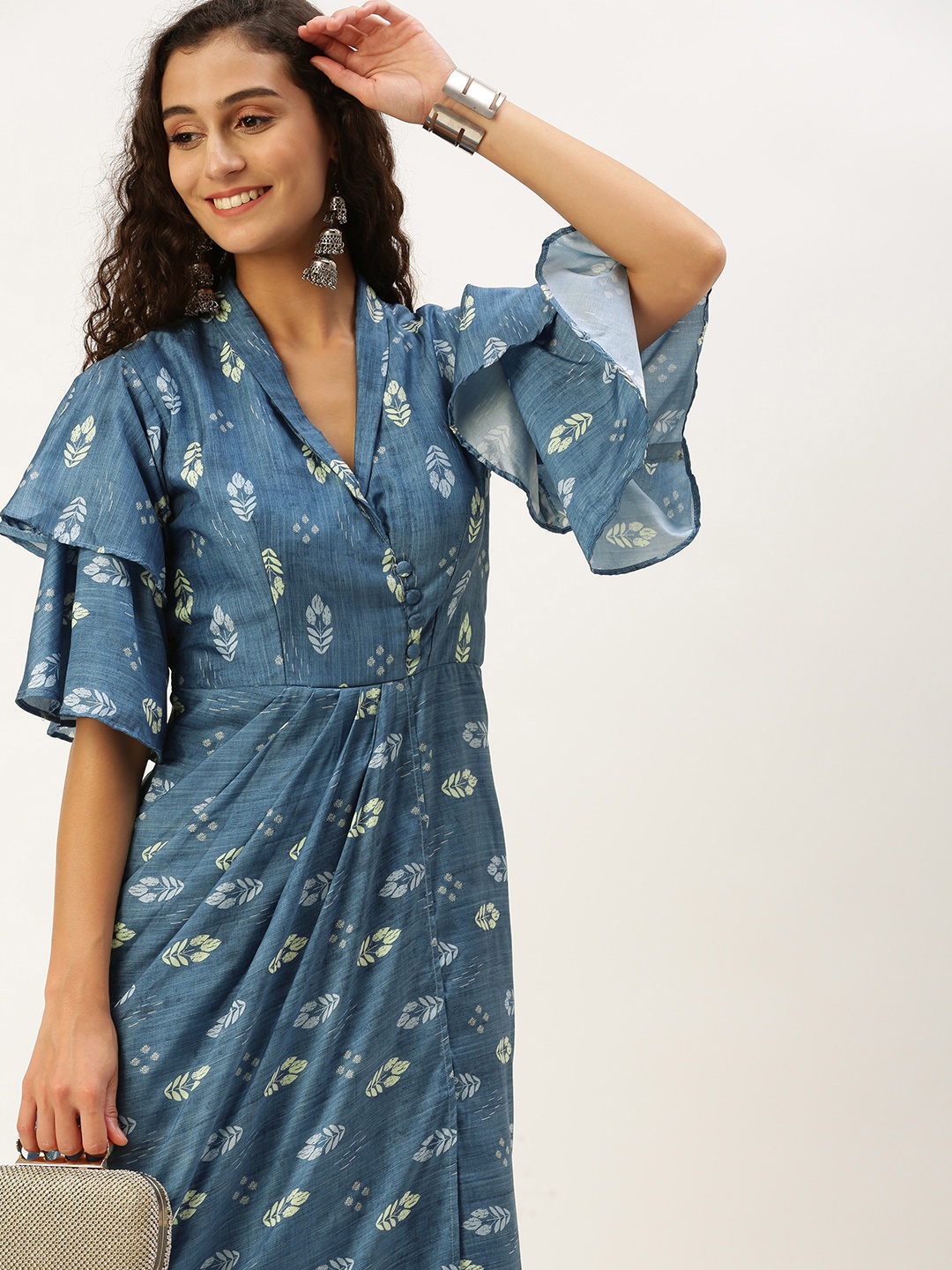 

Ethnovog Ethnic Motifs Print Bell Sleeve Midi Dress, Blue