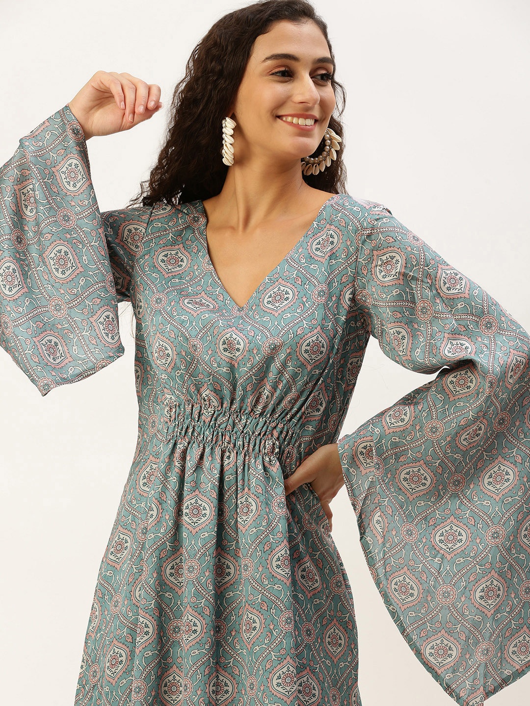 

Ethnovog Ethnic Motifs Print Kimono Sleeve A-Line Midi Dress, Green