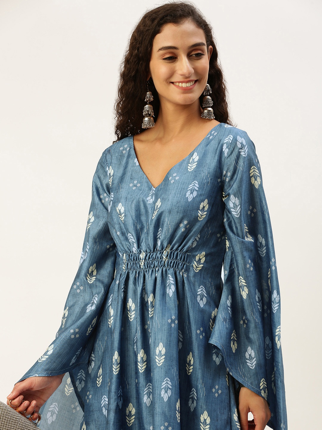 

Ethnovog Ethnic Motifs Print Kimono Sleeve A-Line Midi Dress, Blue