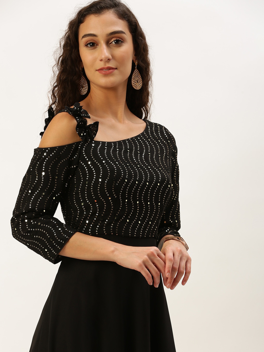 

Ethnovog Embellished Off-Shoulder Georgette Maxi Dress, Black
