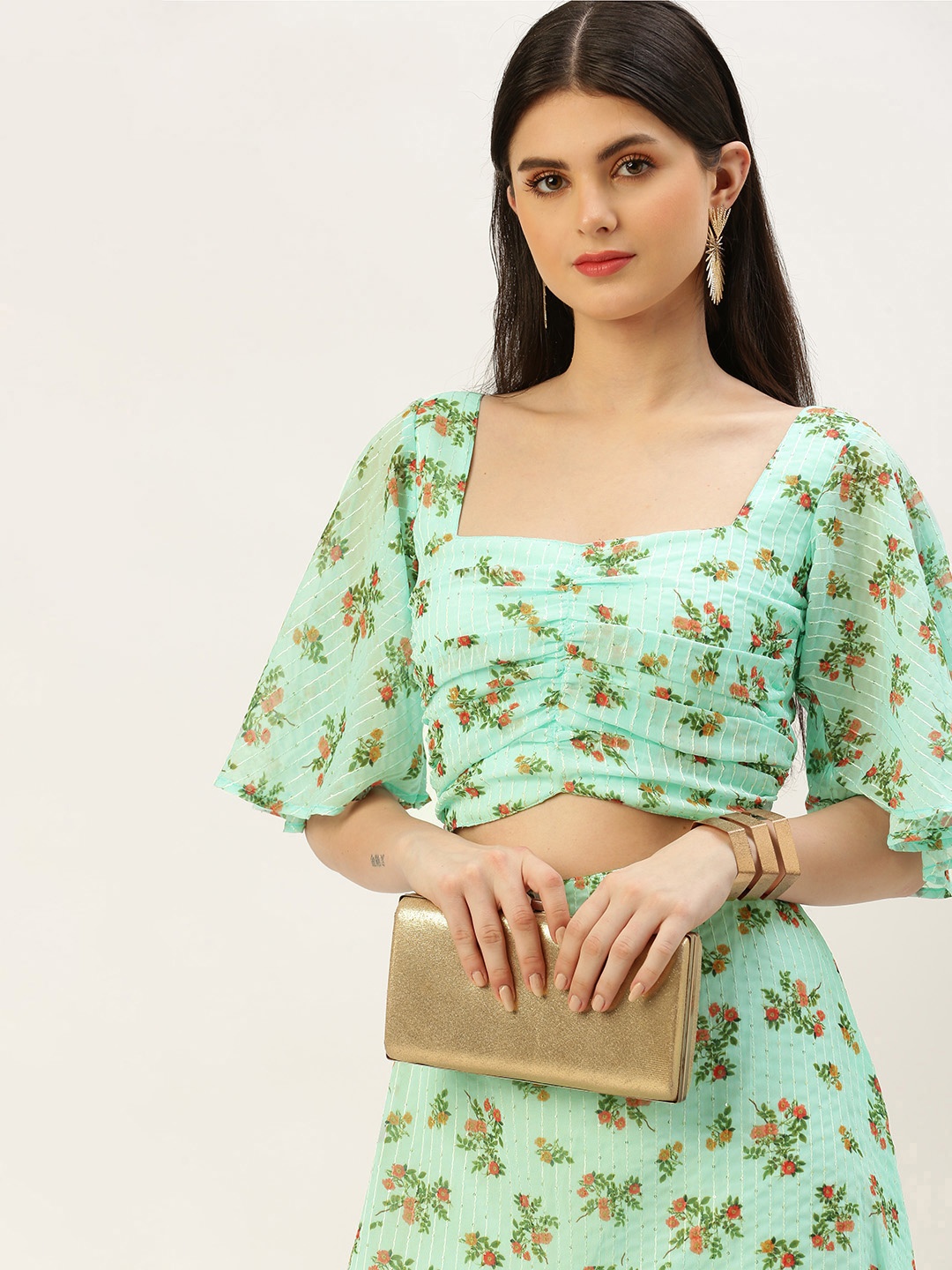 Ethnovog Floral Print Flared Sleeve Georgette A-Line Maxi Dress, Sea green