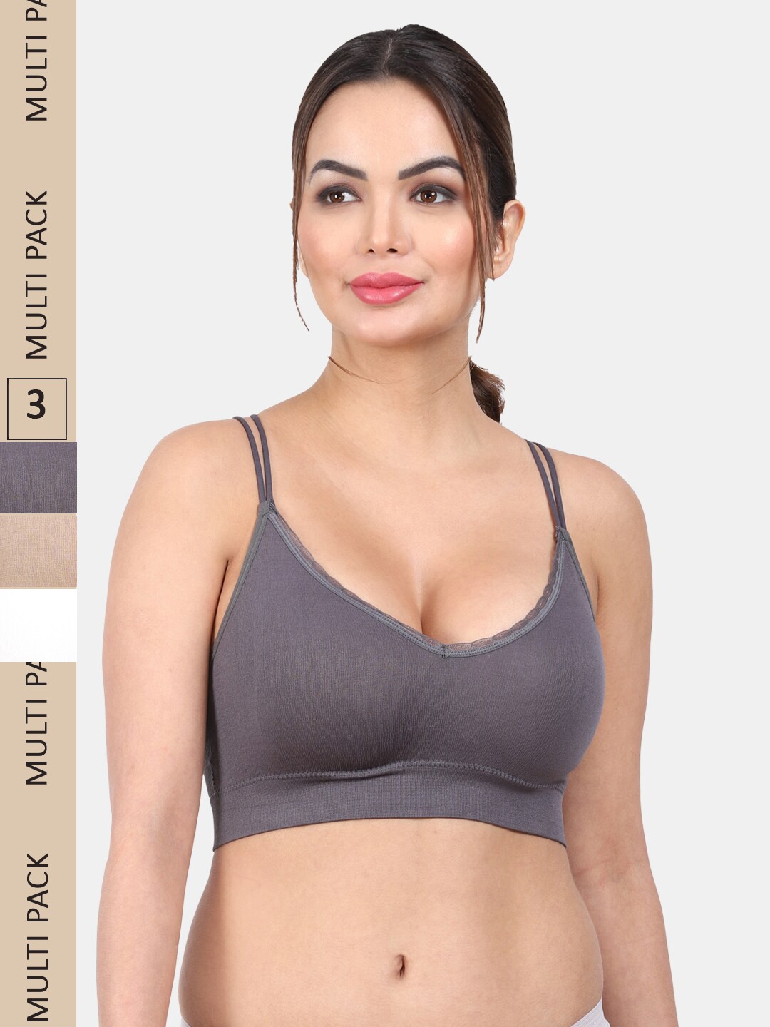 

Amour Secret Pack of 3 Removable Padding Non Wired Anti Odour All Day Comfort Workout Bra, Grey