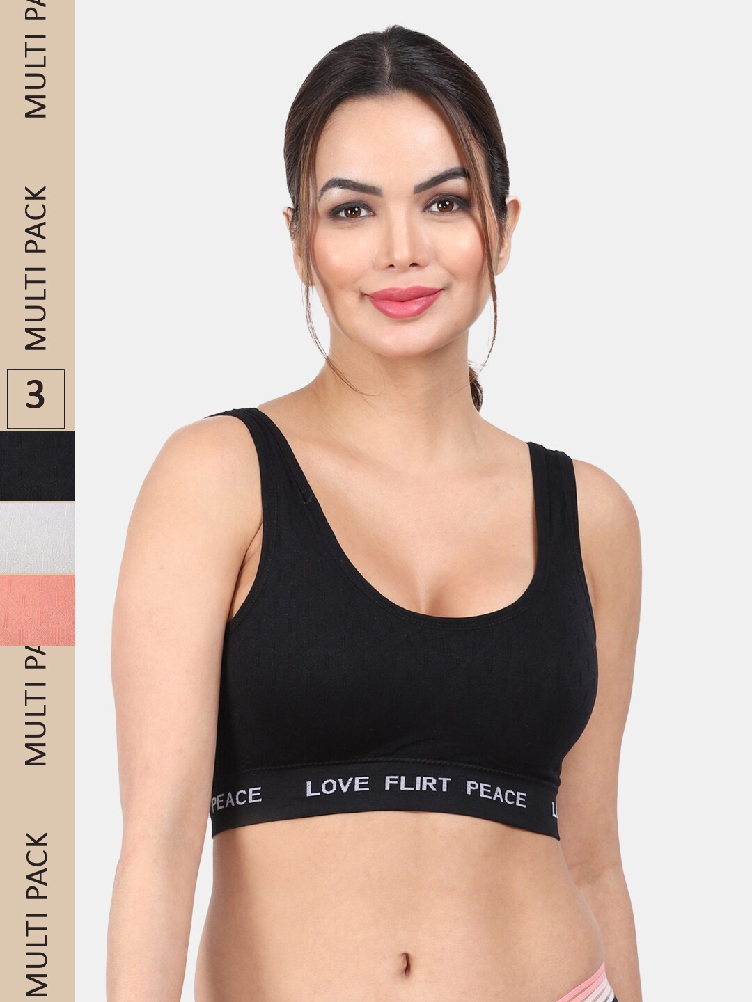 

Amour Secret Pack Of 3 Removable Padding Anti Odour All Day Comfort Sports Workout Bra, Black