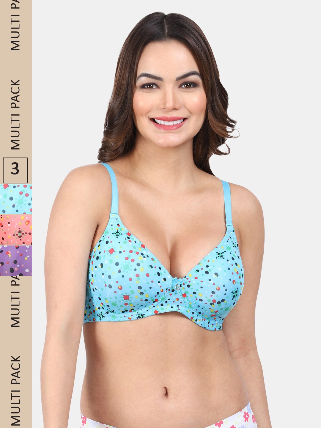 

Amour Secret Pack Of 3 Polka Dot Printed Lightly Padded Non-Wired T-Shirt Bra, Purple