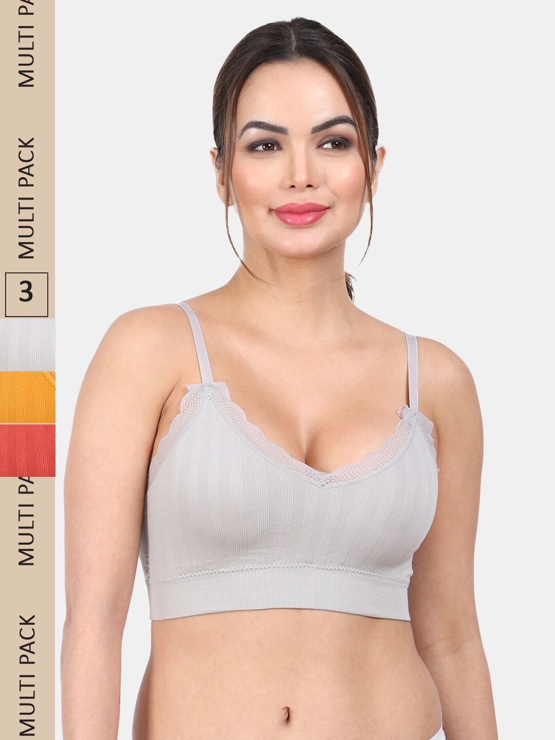 

Amour Secret Pack Of 3 Lightly Padded Full Coverage Seamless Slip-On Sports Bra, Grey