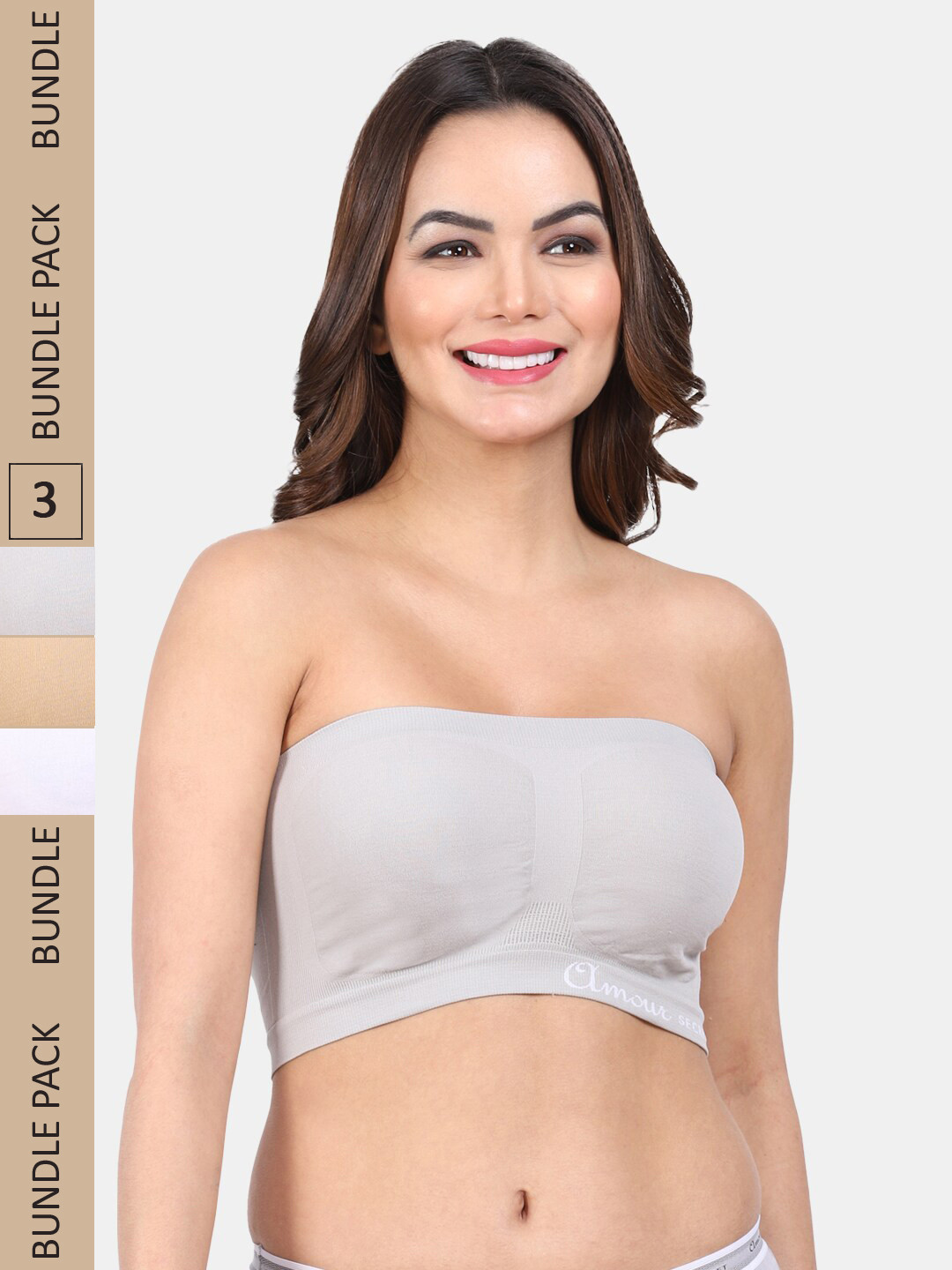 

Amour Secret Pack Of 3 Non Padded Full Coverage Non-Wired Bandeau Strapless Bra, Grey