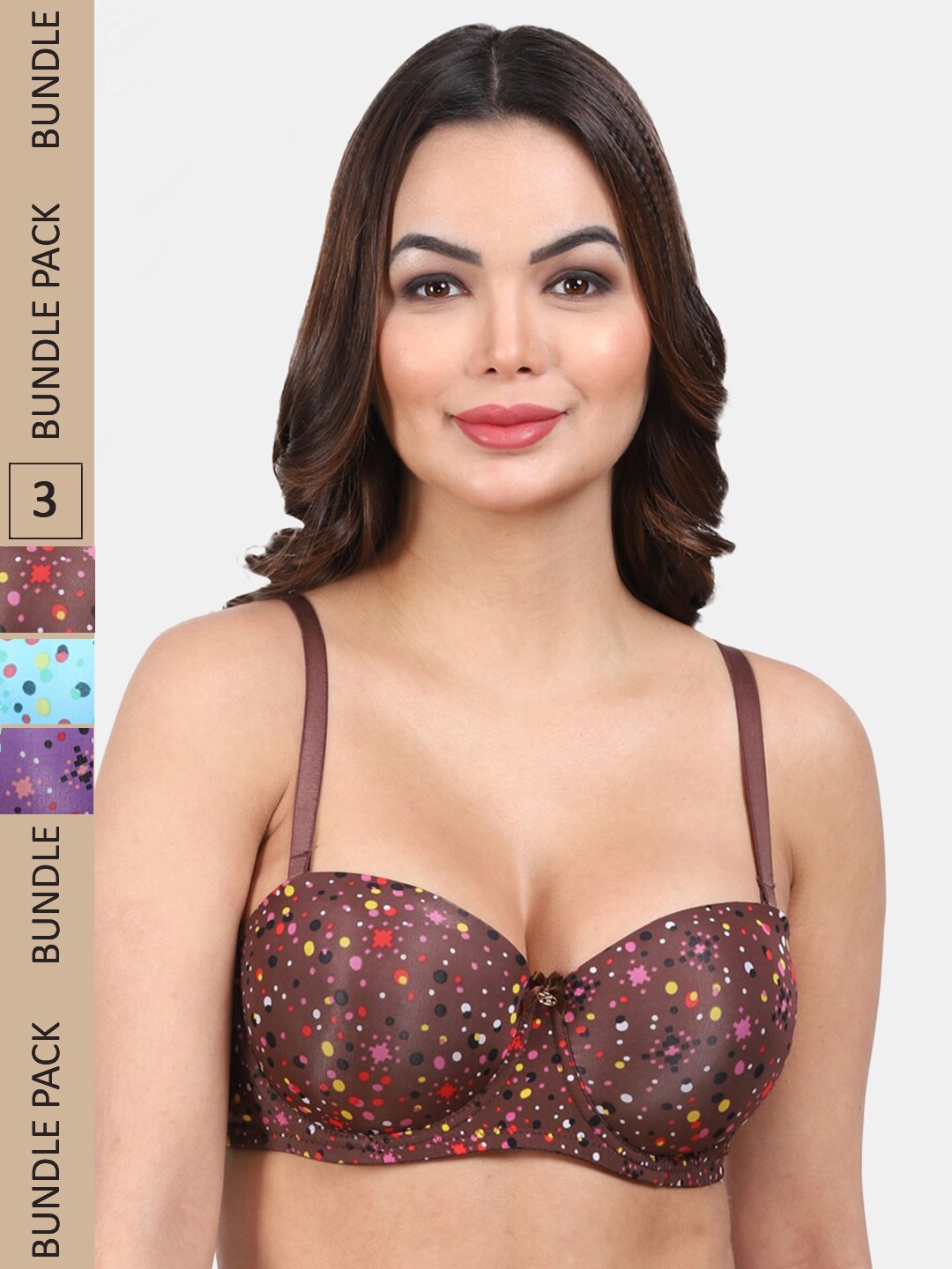 

Amour Secret Pack Of 3 Polka Dot Medium Coverage Underwired Lightly Padded T-Shirt Bra, Brown