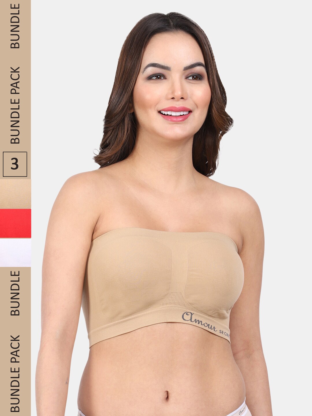 

Amour Secret Pack Of 3 Non Padded Full Coverage Non-Wired Bandeau Strapless Bra, Red